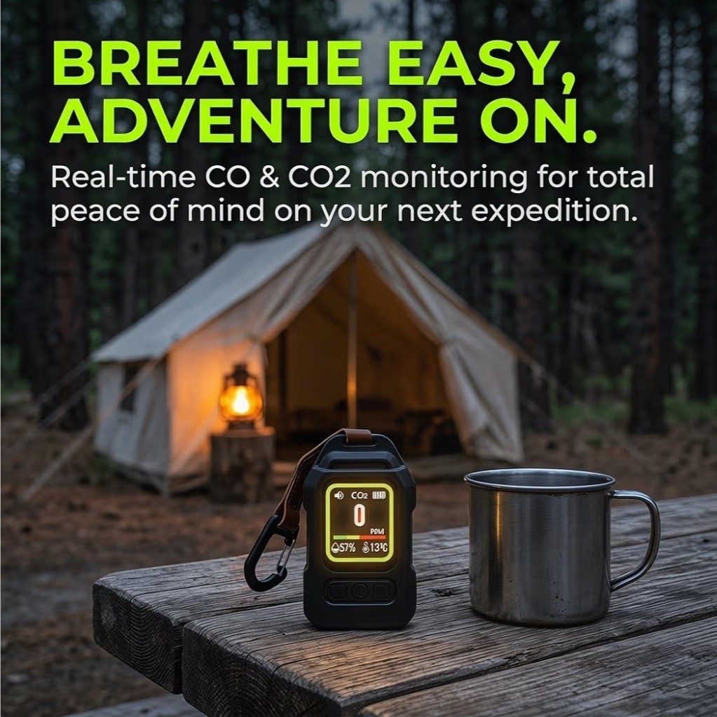 Portable 3-in-1 carbon monoxide temperature humidity detector Camp/Car/RV Green