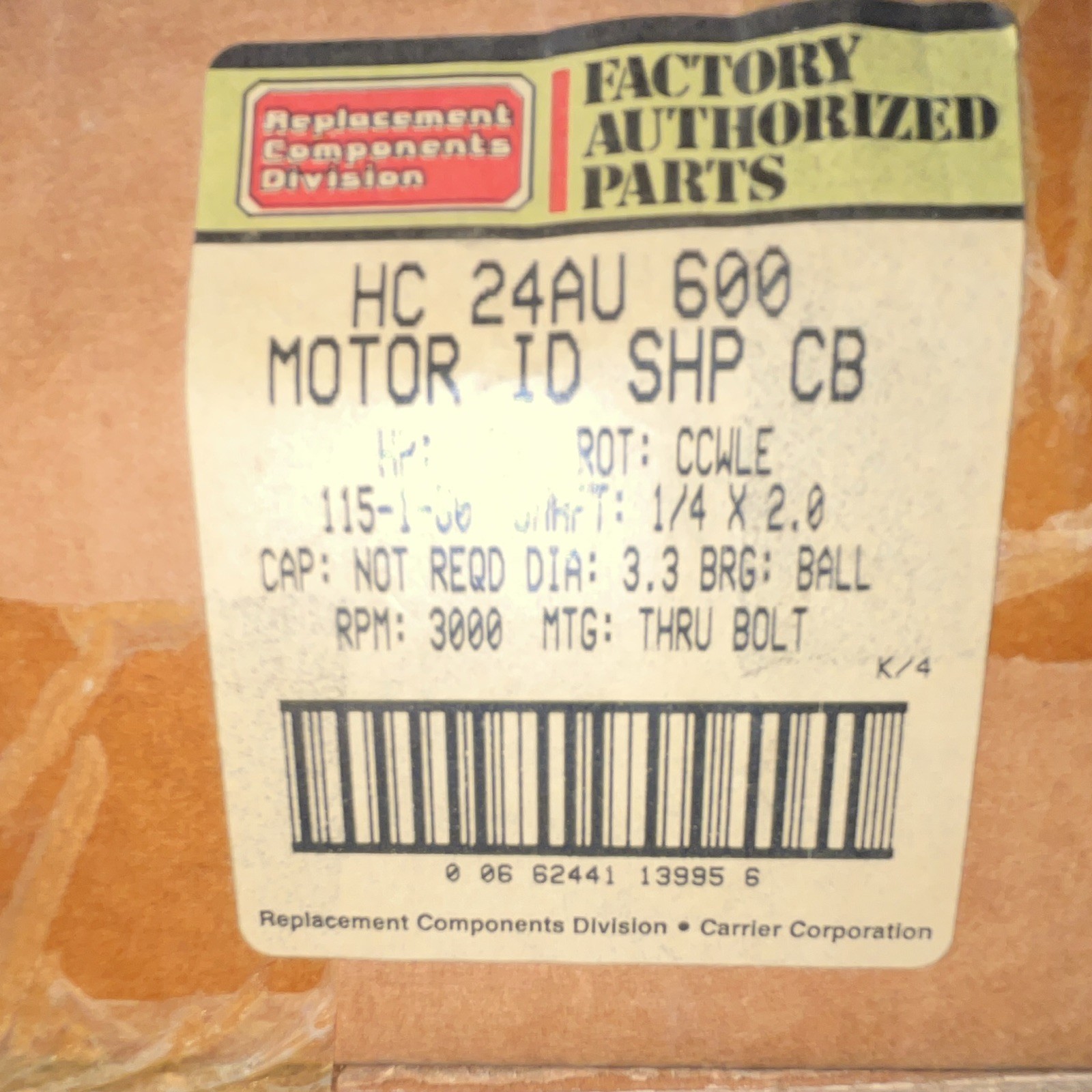 FASCO 7131-0208 / HC24AU600 115V 1/6 HP 3000 RPM 1.9A Carrier Motor