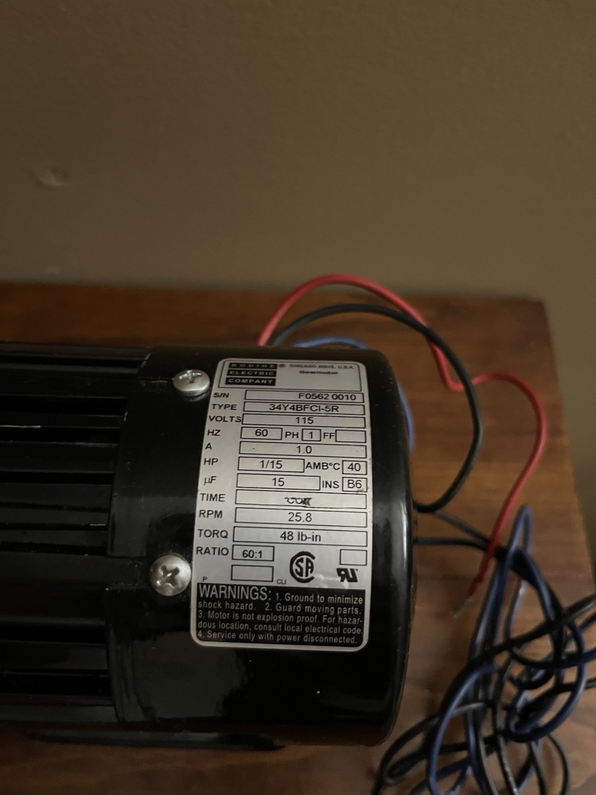 Bodine Electric Company 34Y4BFCI-5R Gearmotor 1/15 Hp 48 Lb-in 25.8 Rpm 115 Volt