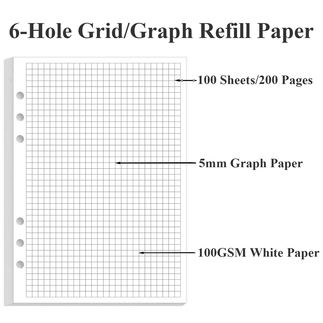 A5 Grid Refill Paper, 6-Hole Graph 5.8″ x 8.3″, Blue,Clear,White
