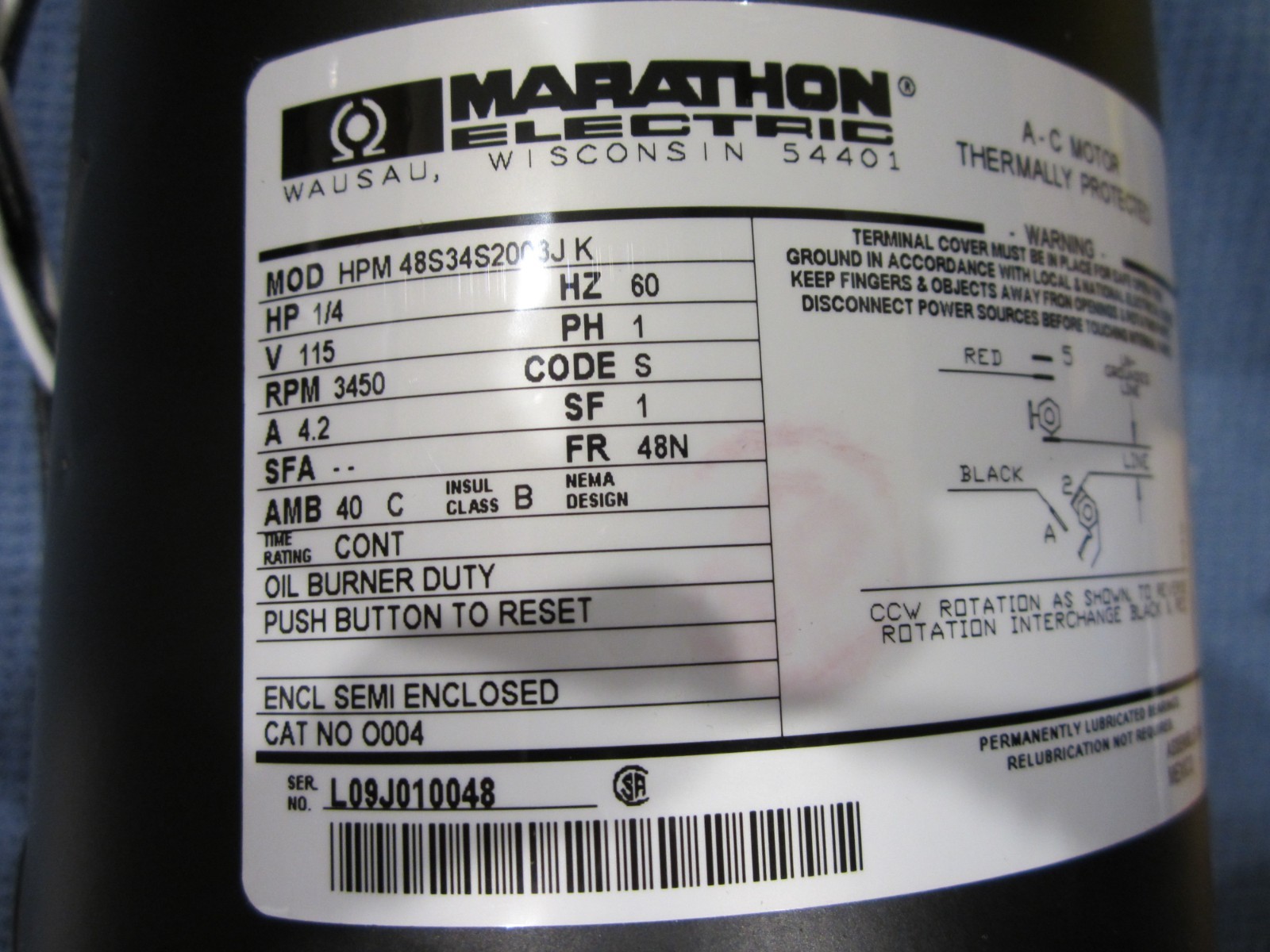Marathon 048S34S2003, Single Phase HVAC Motor, 1/4 HP, 115 Volts, 4.2 Amps