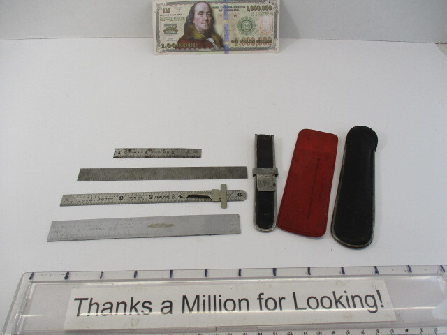 (3) 6″ Scales (1) 3″ Cut Down Ruler (3) Old Scale Sleeve Holders for Rulers VGC