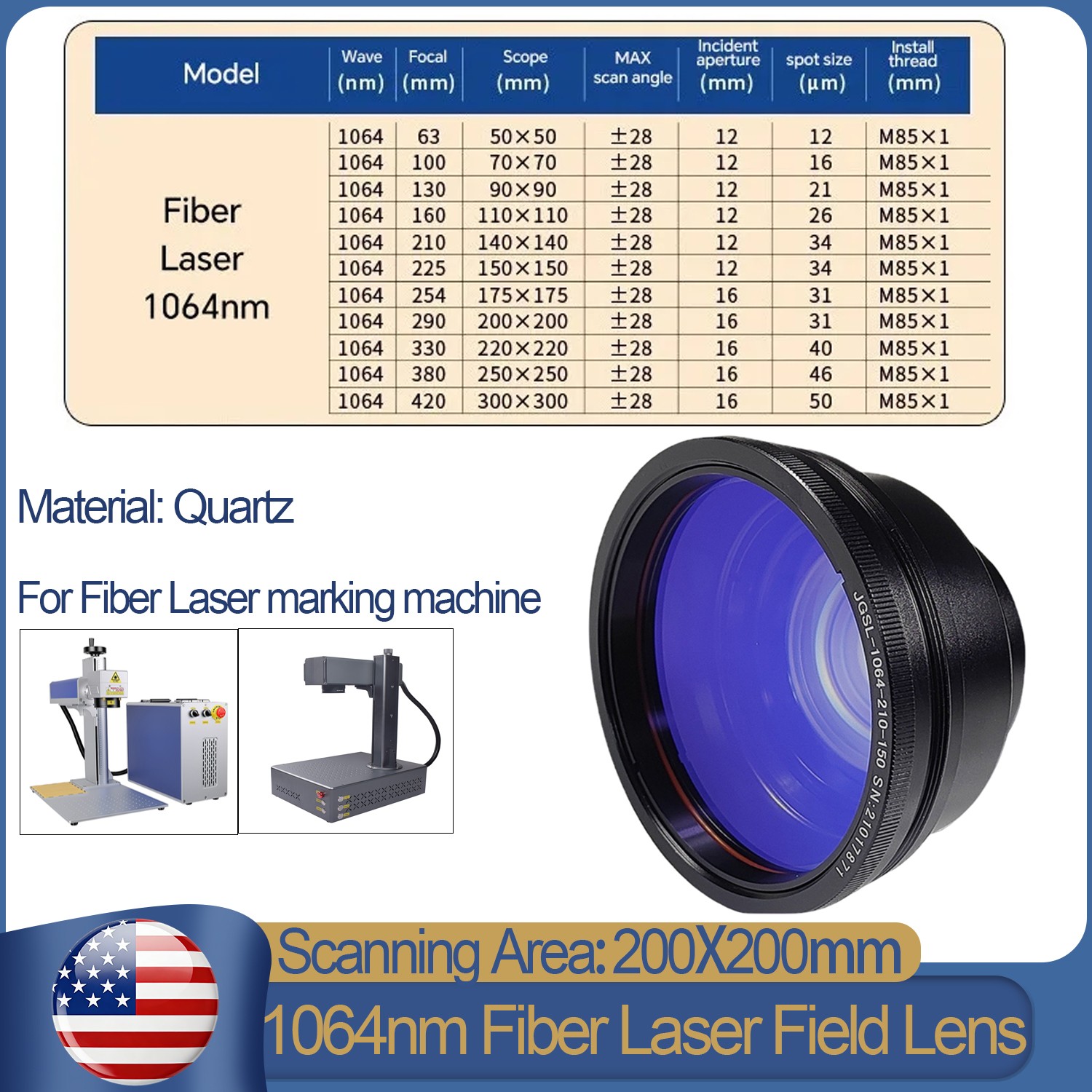 200mm Quartz Field Scan Lens M85 F-theta For 60W-300W Fiber Laser Marker Engrave