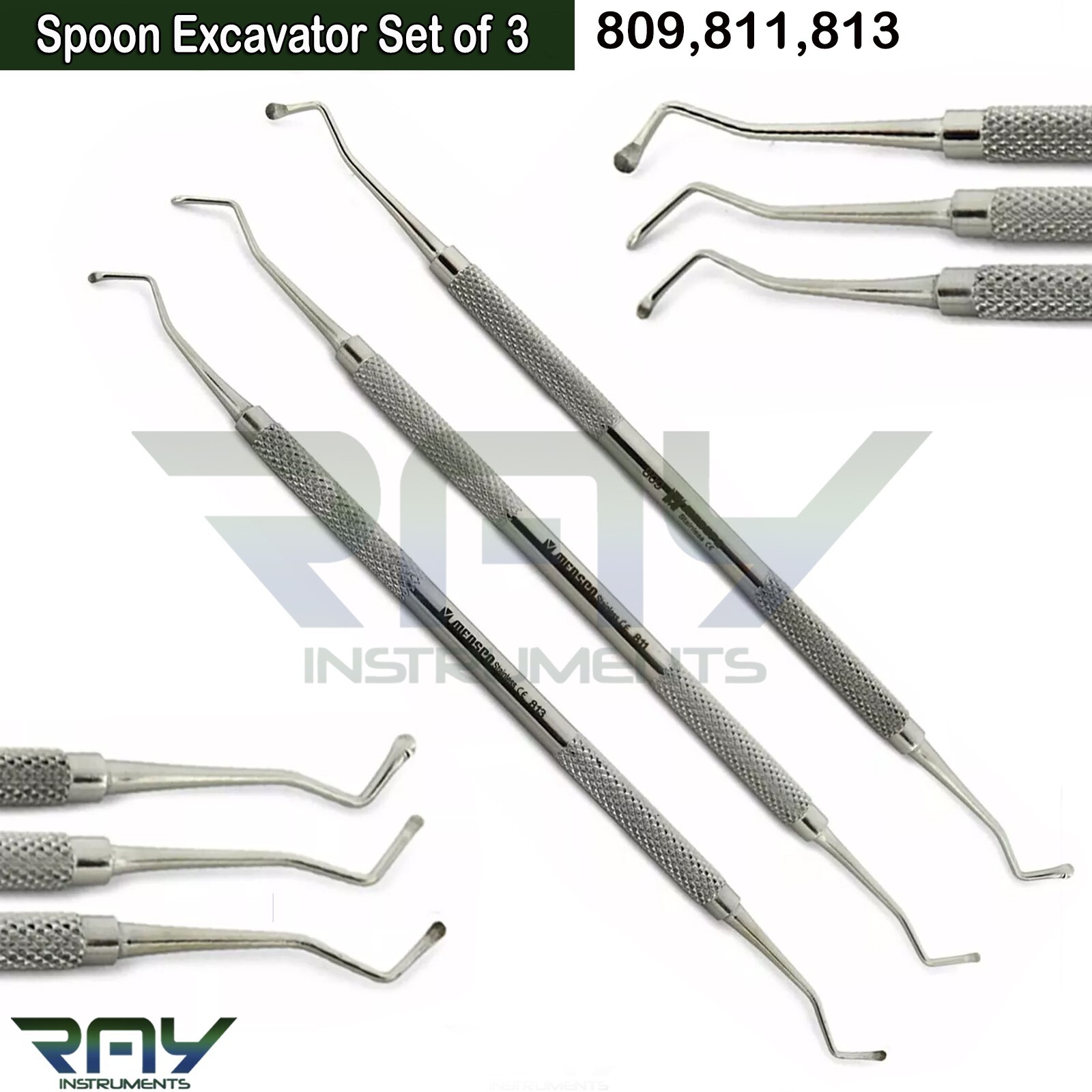 Set of 3 Dental Restorative Composite Instruments Spoon Excavator Double Ended