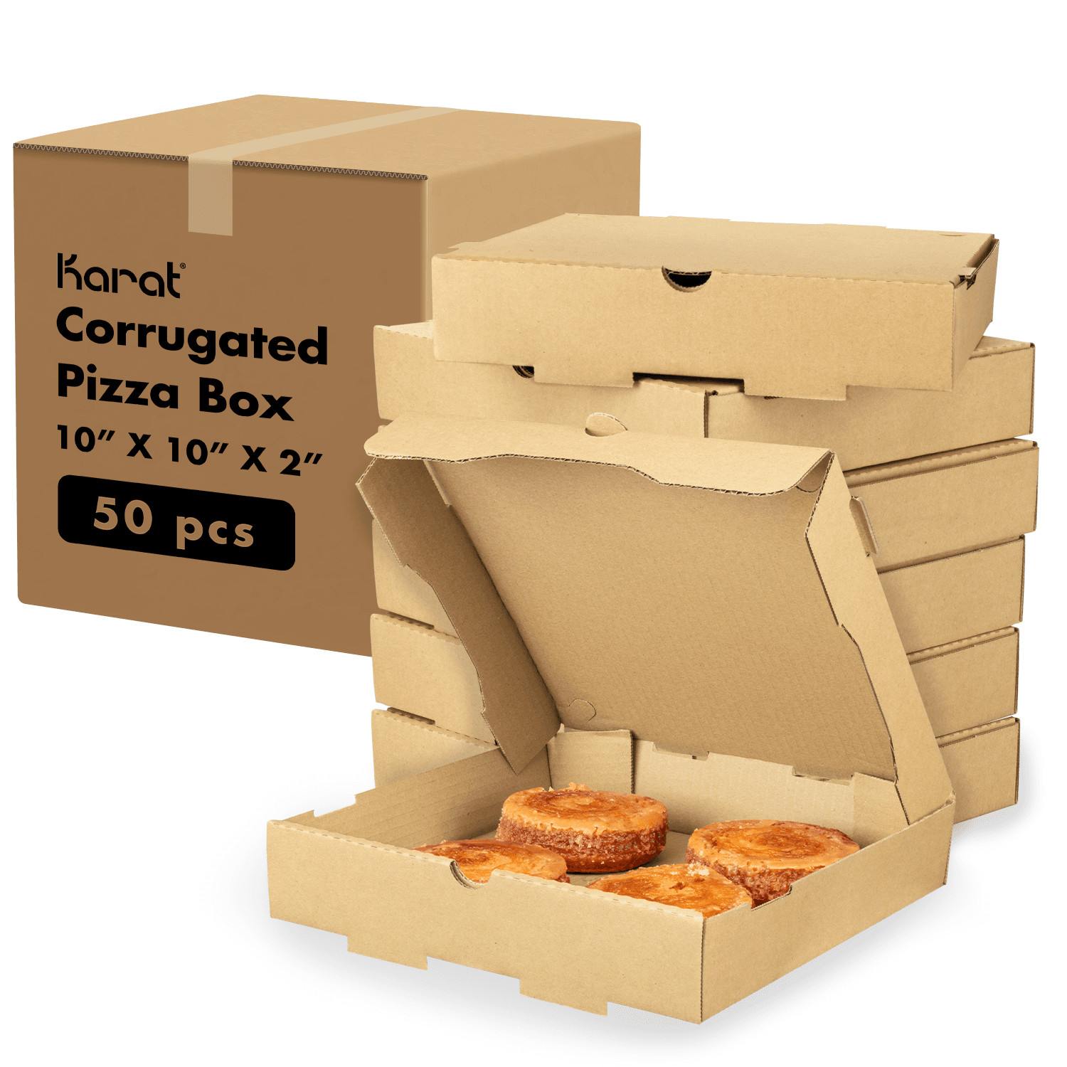 Karat Corrugated Pizza Box, 10”x10”x2”, Kraft – 50 pcs, FP-PBF10K