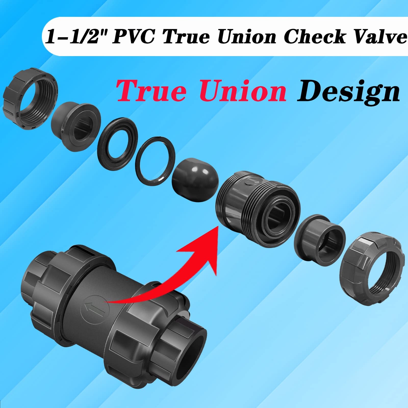 FANOVO 1-1/2 inch PVC Spring Union Check Valve with Slip Socket