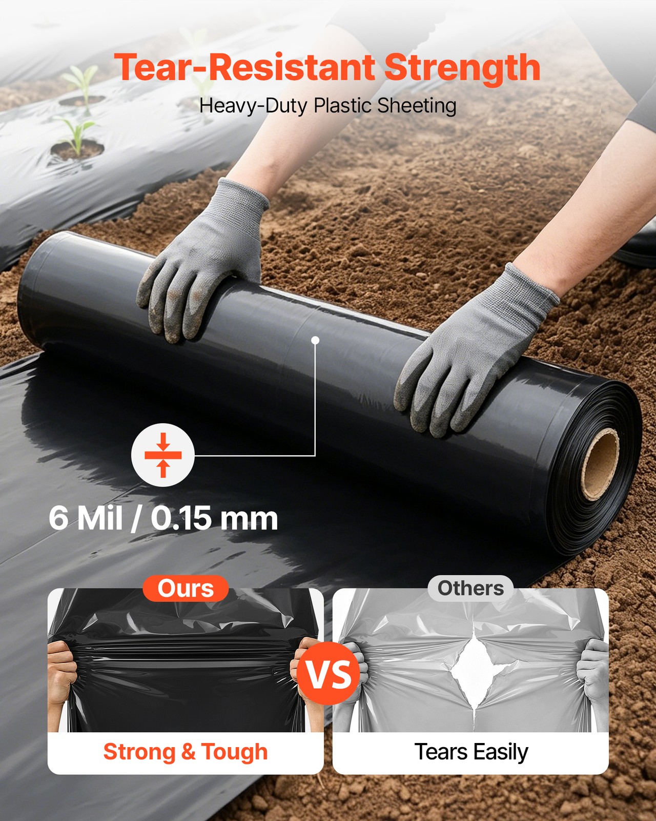 VEVOR 6 Mil Plastic Sheeting Roll 20 x 100 ft Heavy Duty Polyethylene Film Black