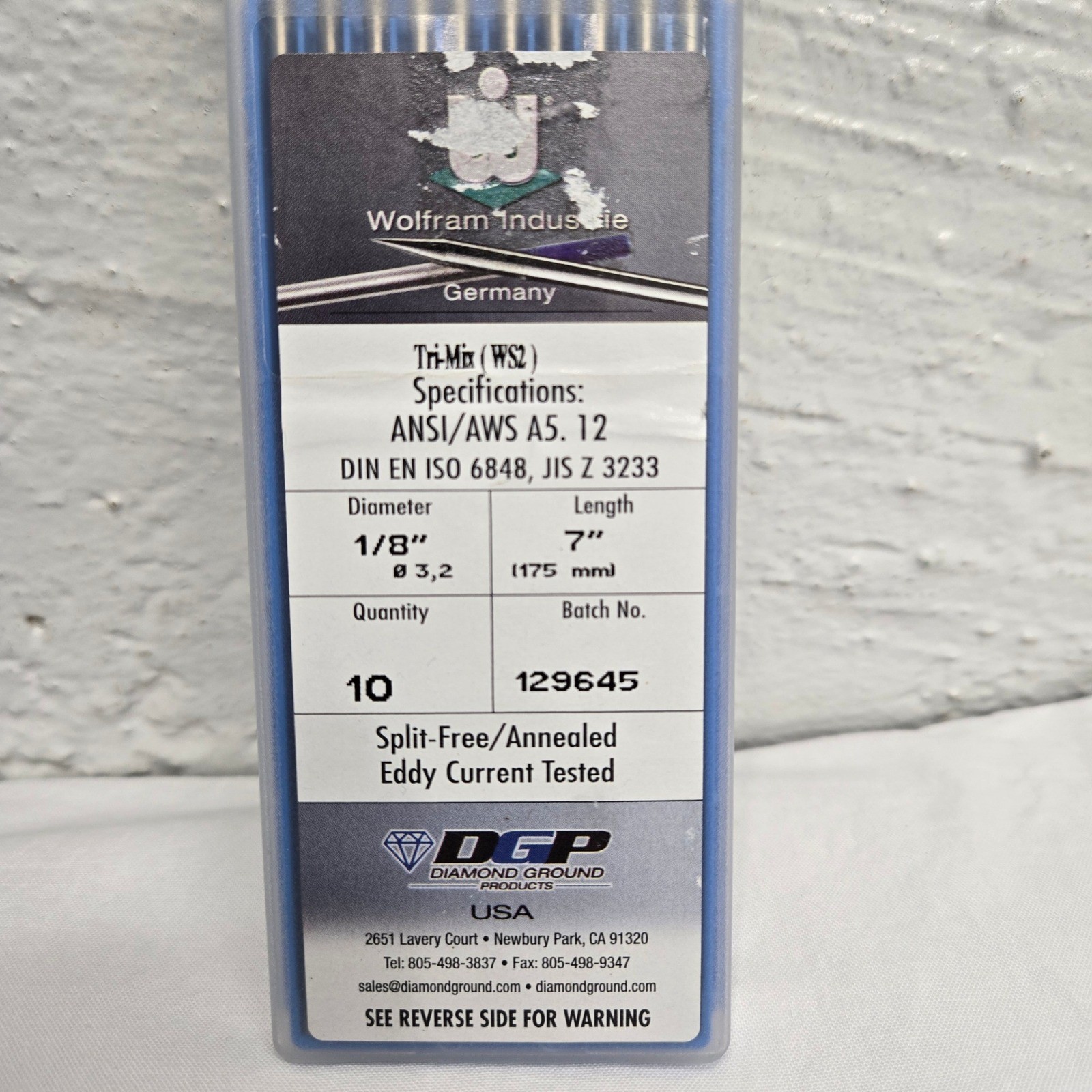 Wolfram Industrie Tri-Mix WS2 Tungsten Electrodes 1/8″ x 7″ 10pk Diamond Ground