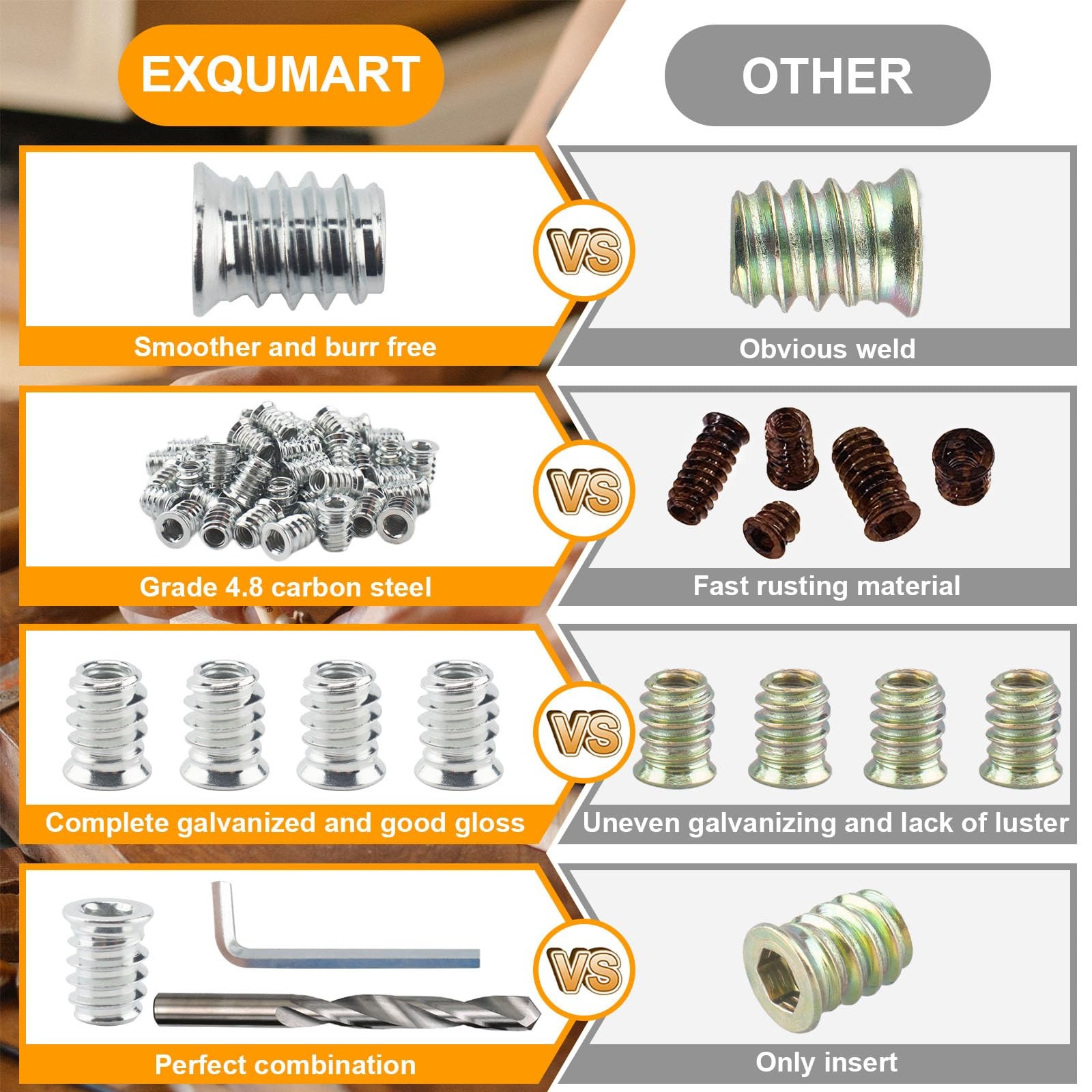EXQUMART 50 Pcs Premium Threaded Inserts for Wood, 1/4-20