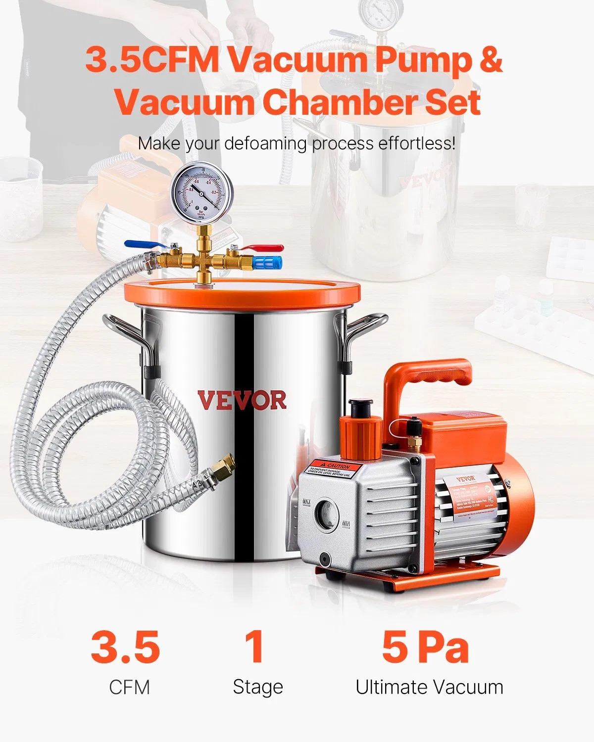 3 Gallon Vacuum Chamber and 3.5 CFM Pump Kit, Stainless Steel Chamber, Single St
