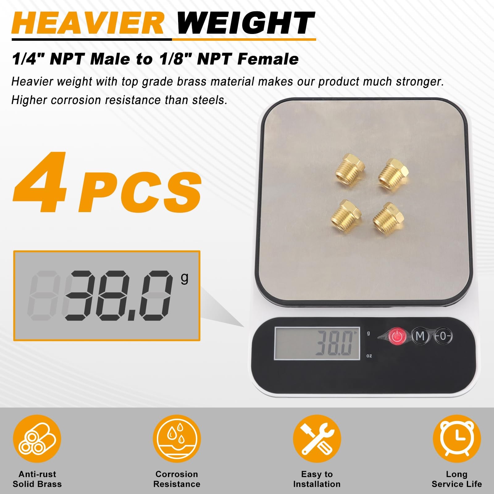 4pcs Heavy Duty 1/4 NPT Male Thread to 1/8 NPT Female Thread Brass Reducer