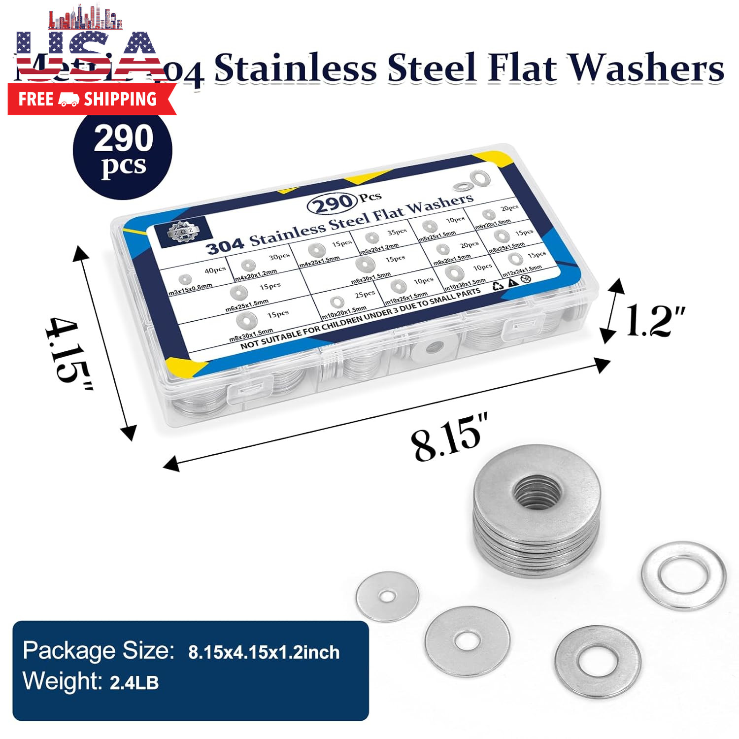 290Pcs Flat Washers, 304 Stainless Steel Fender Washers Assortment, 15 Different