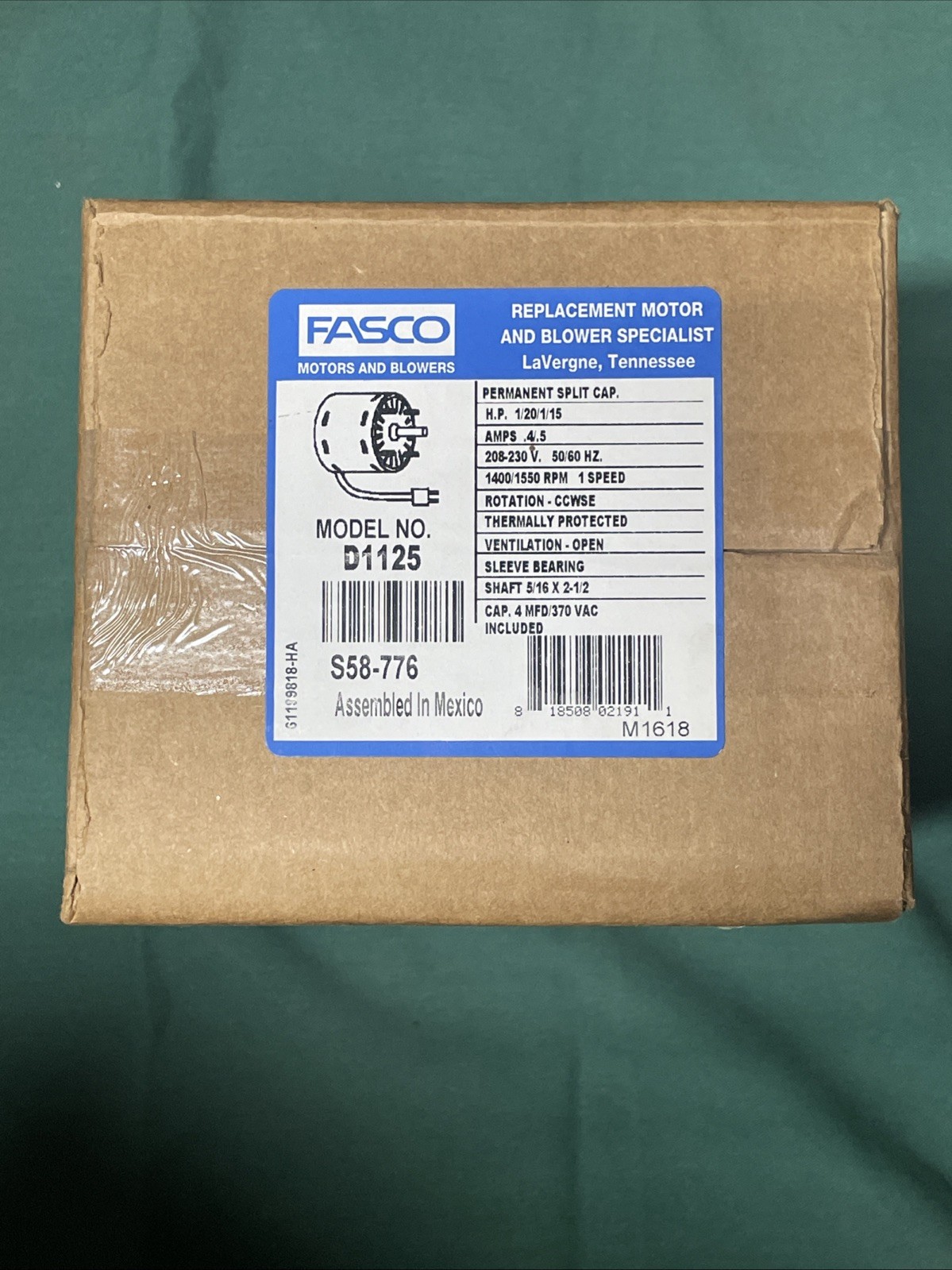 FASCO D1125 Motor,1/15,1/20 HP,1550/1400 rpm,208-230v New In Box With Cap.