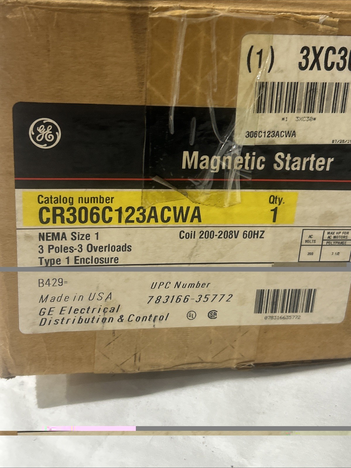 GE Magnetic Starter Cr306c123acwa . 300- Line Control. Ac Or Dc Thermal Overload