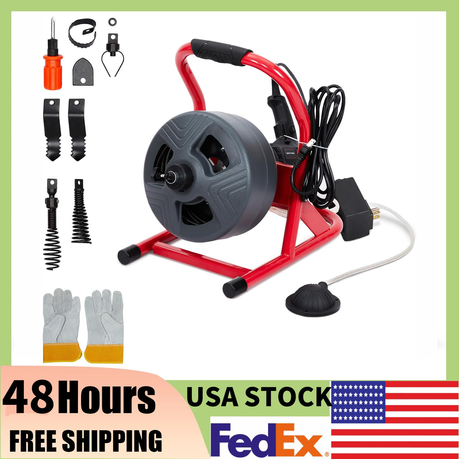NEW,50FT x 5/16″Drain Cleaner Machine, Sewer Snake Auger Auto Feed with 6 Cuttes