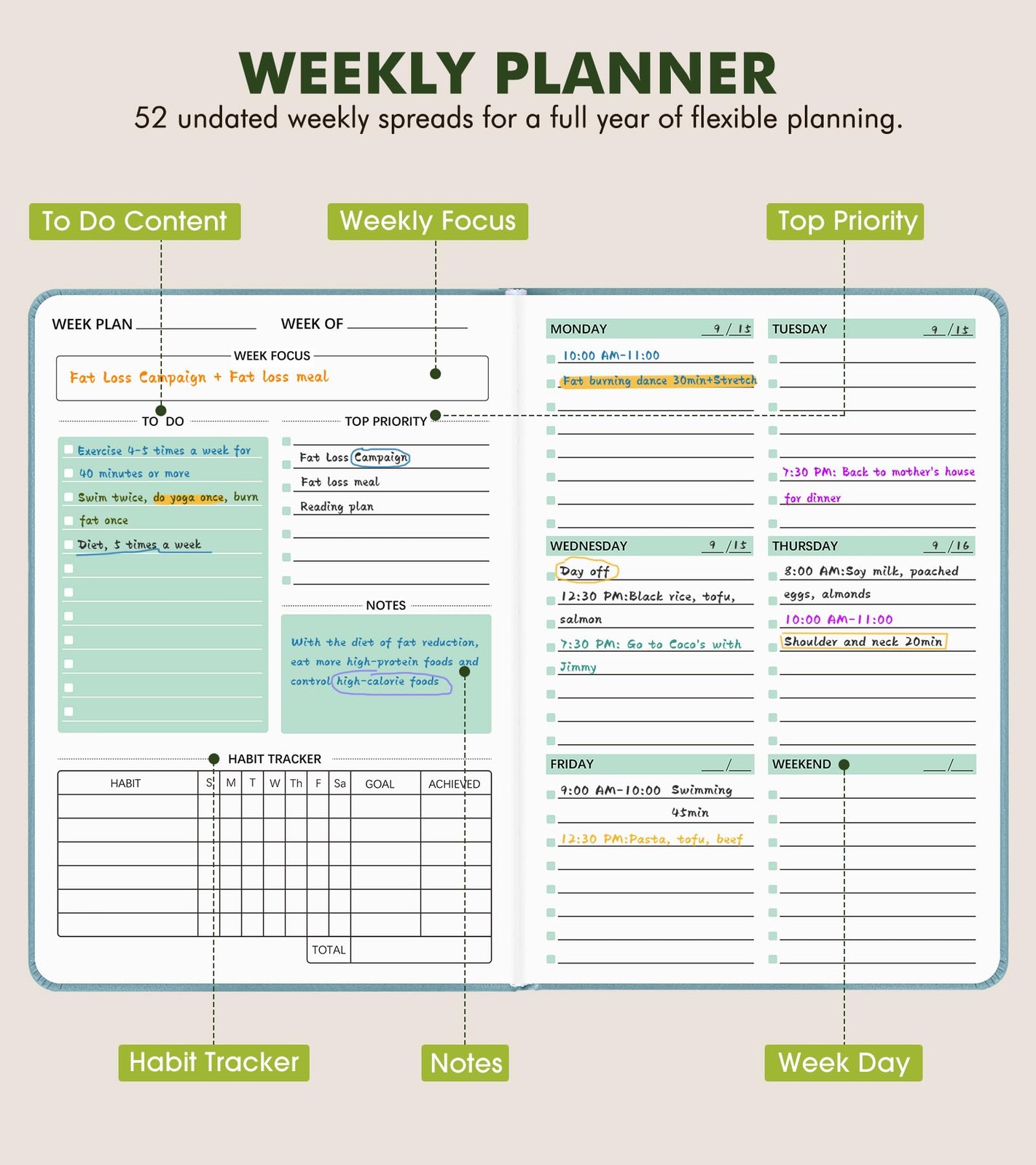 Undated Weekly and Monthly Planner, Hardcover Leather Calendar Blank Planner,…