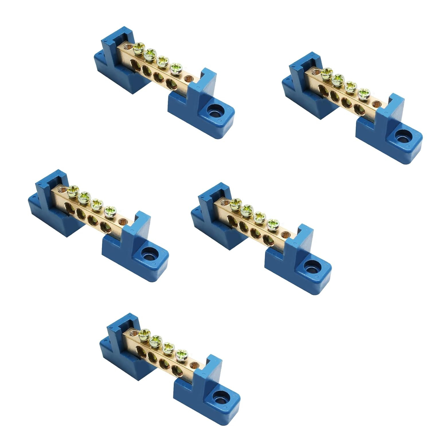 5 PCS Brass Wire Screw Terminal 4 Positions Terminal Bus Bar Blue Grounding