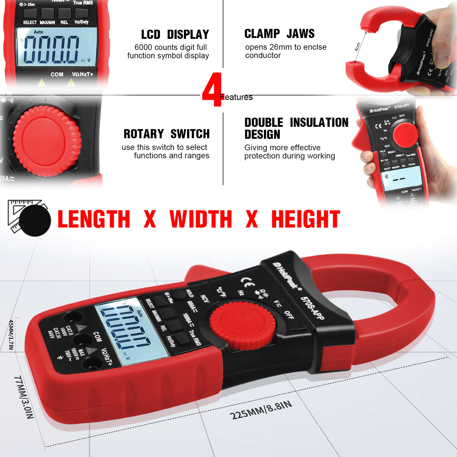 HOLDPEAK Digital Clamp Meter 6000 Count Multimeter with Auto Range,AC/DC Voltage