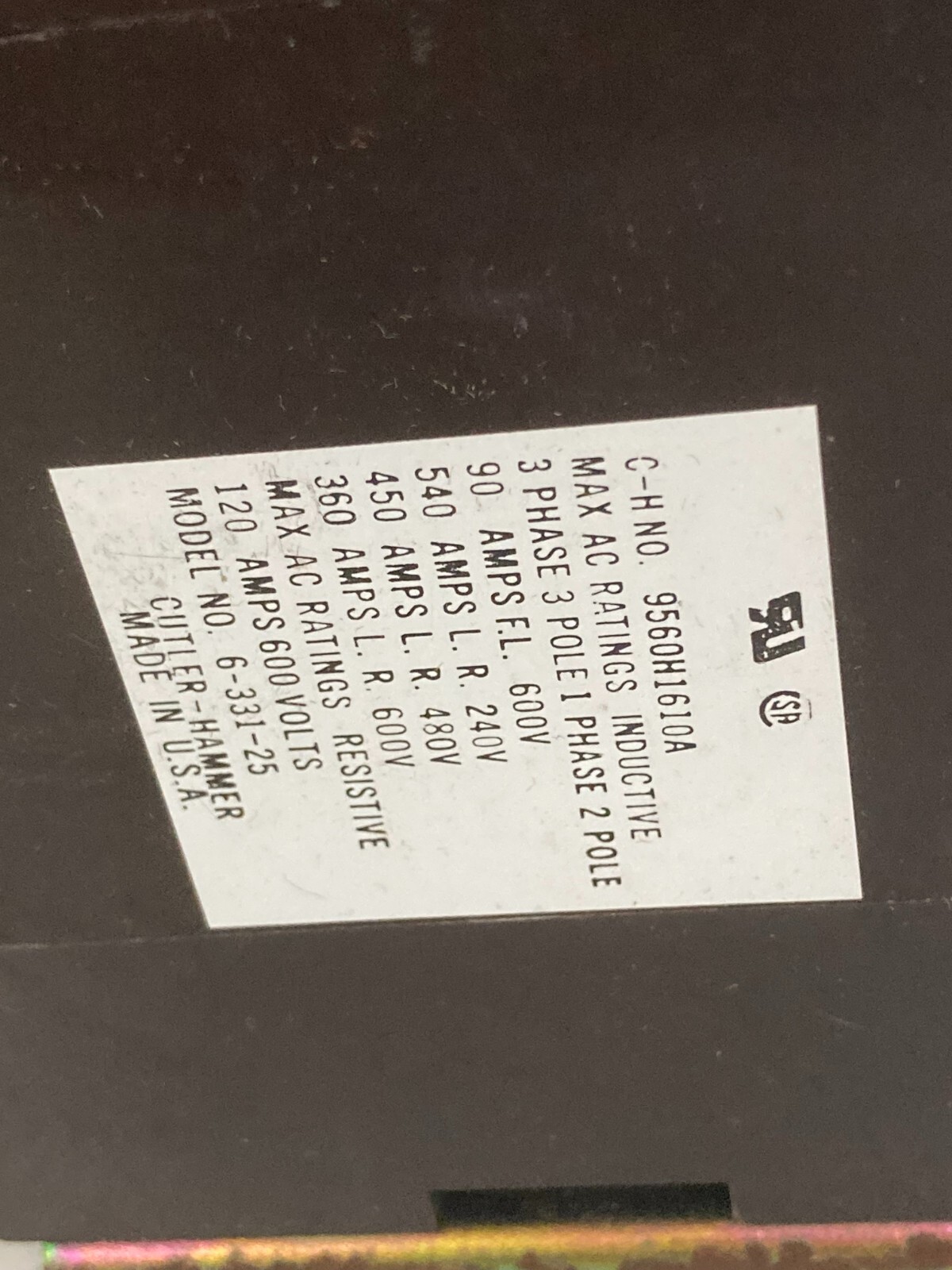 CUTLER HAMMER 9560H1610A MAGNETIC CONTACTOR 3 POLE 90A OPEN TYPE NIB