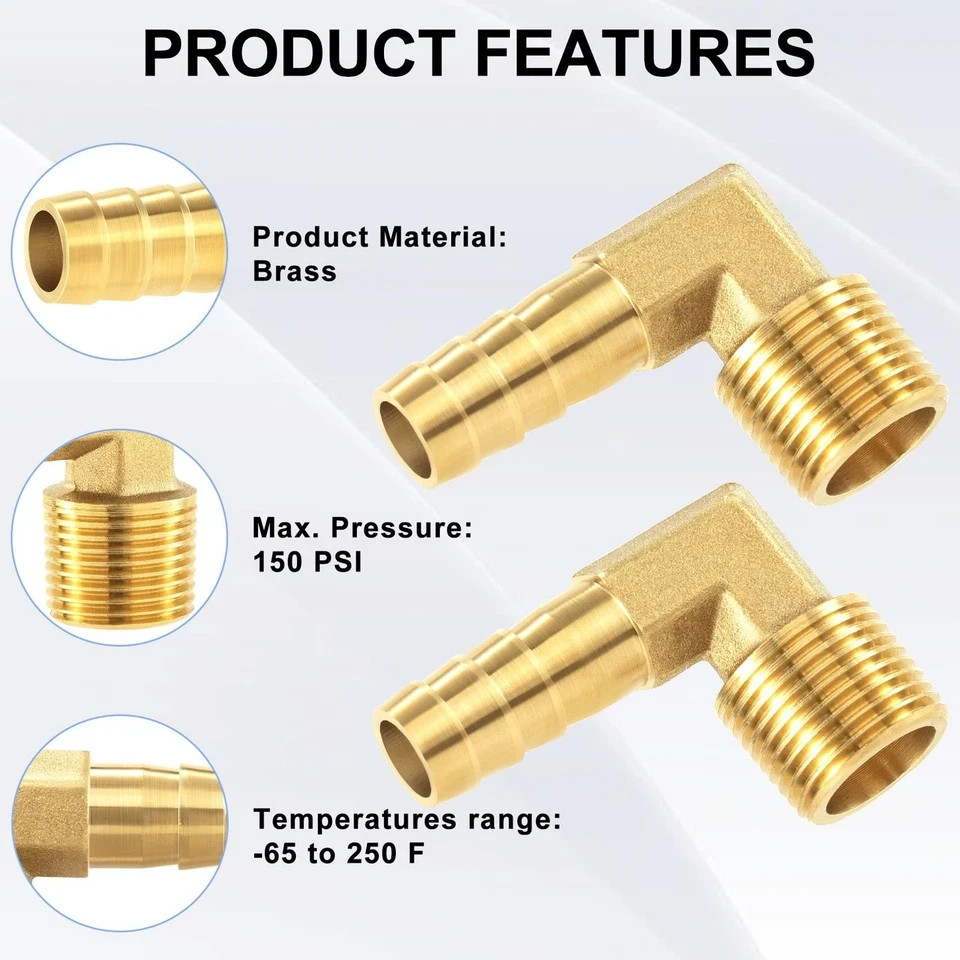 4Pcs 3/8″ Brass Hose Barb x 3/8″ NPT Male, 90 Degree Elbow for Water Fuel Air