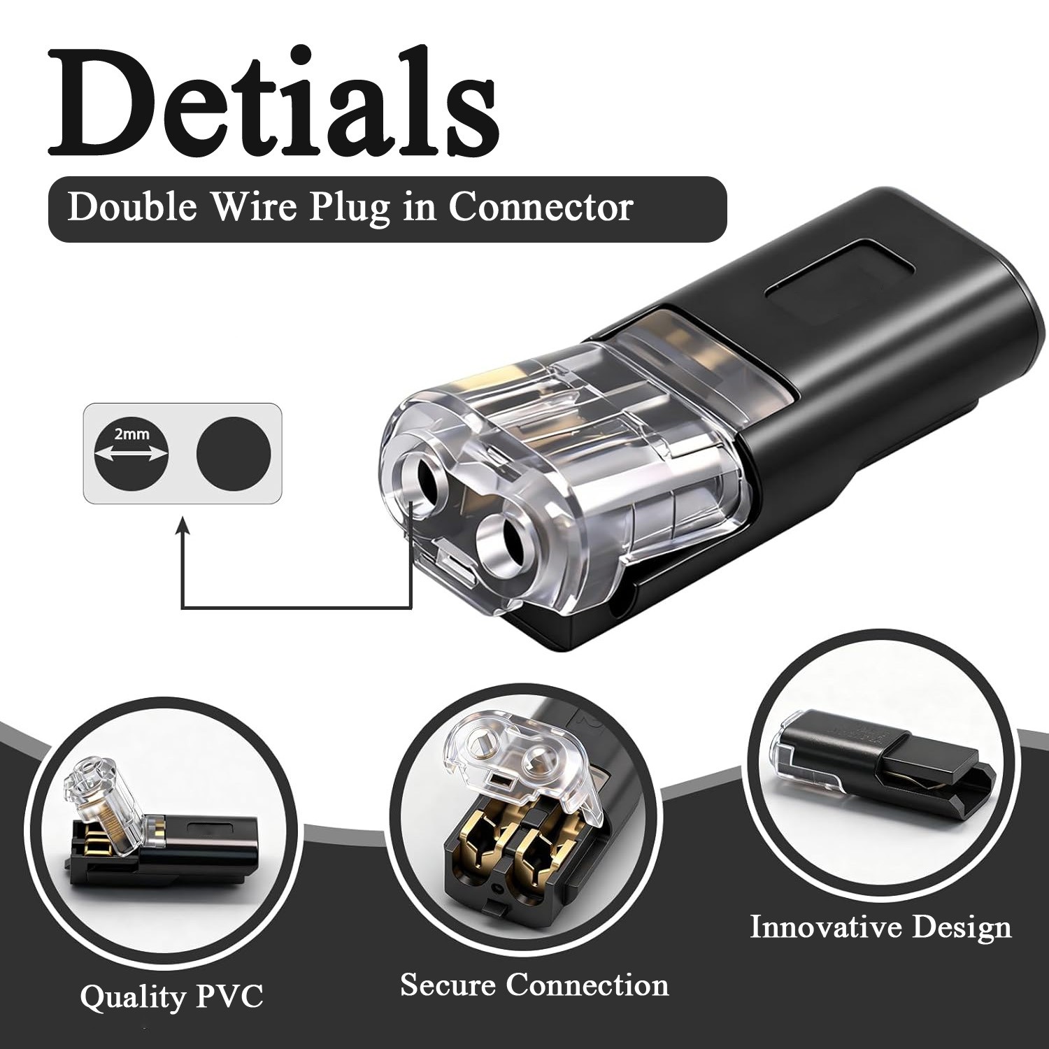 25/50PCS Double-Wire Plug-in Connector – 2 Pin LED Light Strip Connectors Kit US