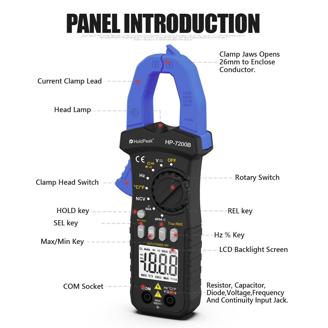 HoldPeak True RMS Digital Auto-Ranging 6000 Counts Clamp Meter 60A 400V AC DC US