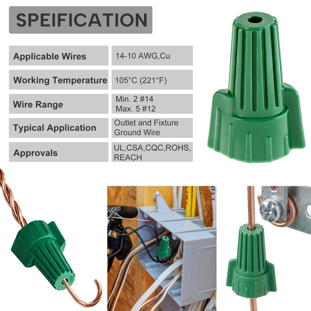 P99 Green Wire Nuts 600Pcs for 14-10 AWG, UL 467 Listed Twist-On Ground Wire …