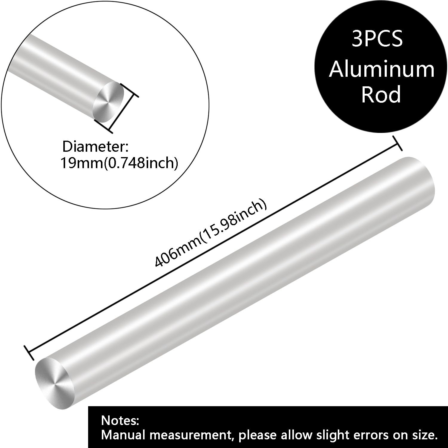 3Pcs 19mm x 406mm Aluminum Rod,16″406mm Long 3/4Inch0.75″-19.05mm Diameter 60…