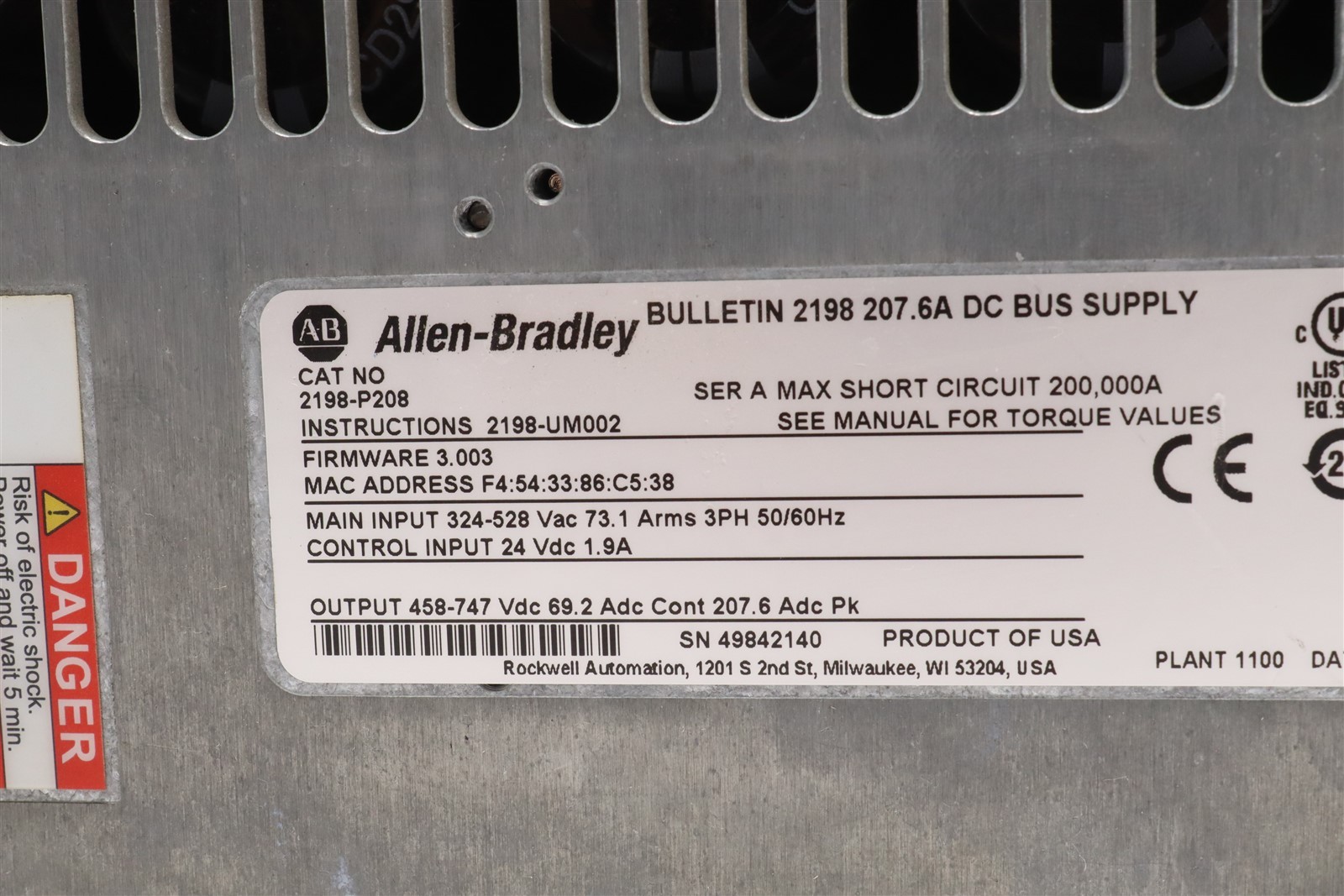 ALLEN BRADLEY DC BUS SUPPLY 2198-P208/A