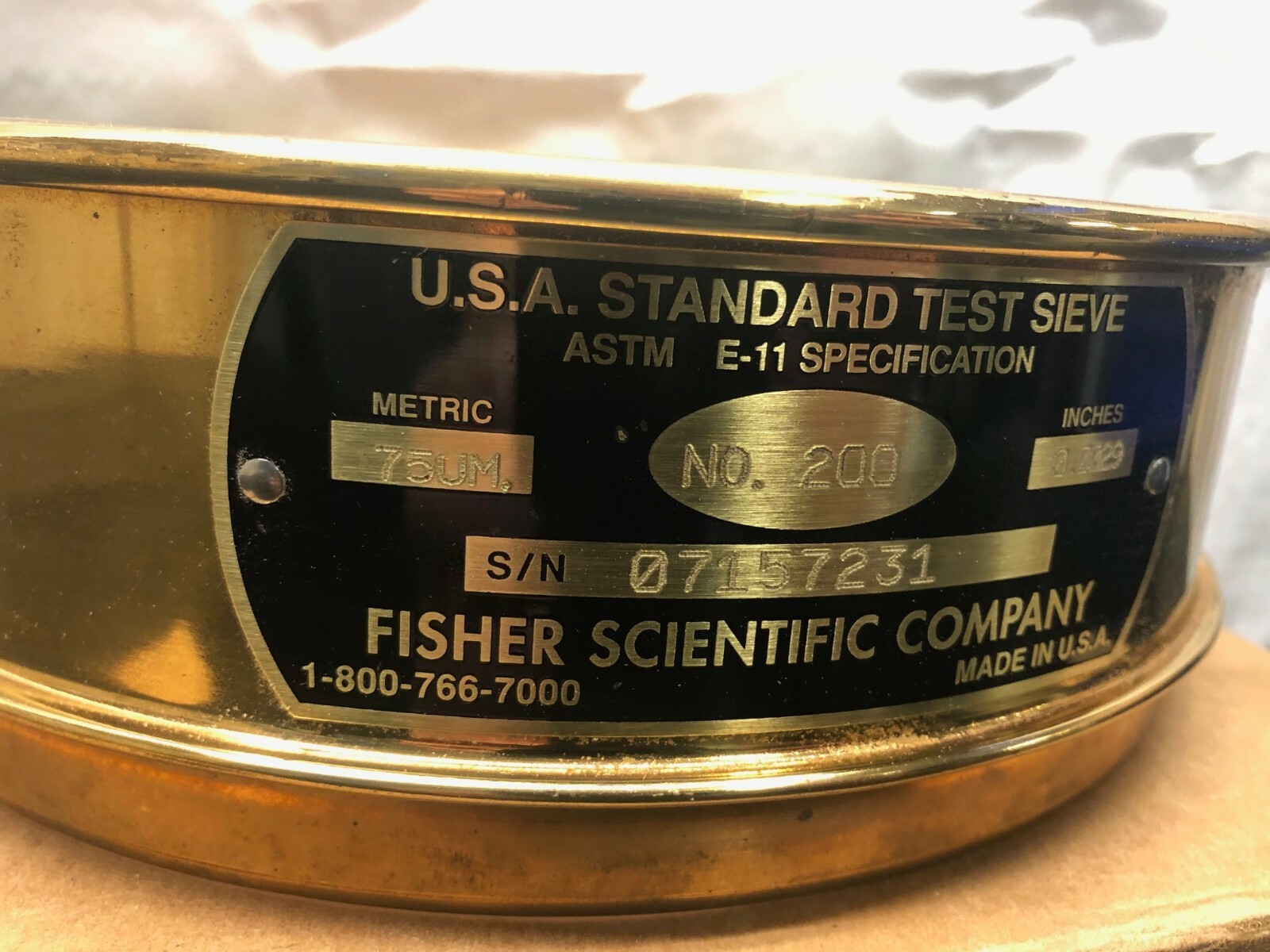 Fisher Scientific Brass Test Sieve, No. 200, Pore Size: 75 um, 8” Diameter
