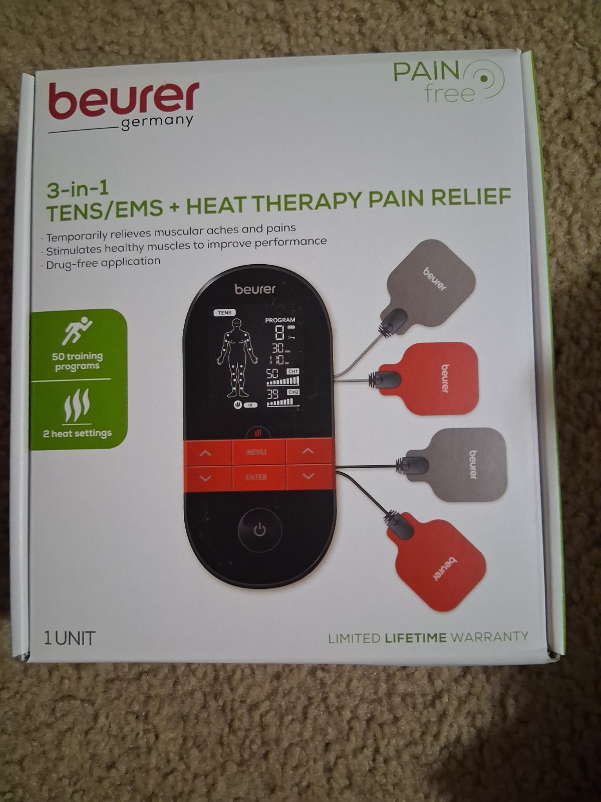Beurer 3-in-1 TENS/EMS Unit with Heat Therapy, Handheld, 2 Channels Pain Relief
