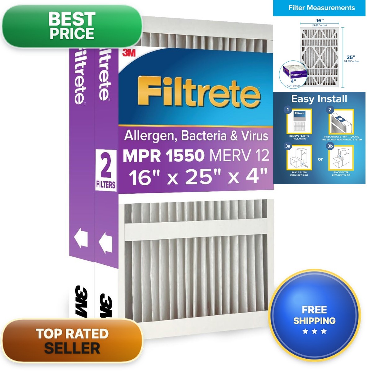 Filtrete 16X25X4 Air Filter Merv 12 Mpr 1550 Certified Friendly 2-Pack Fits Ac