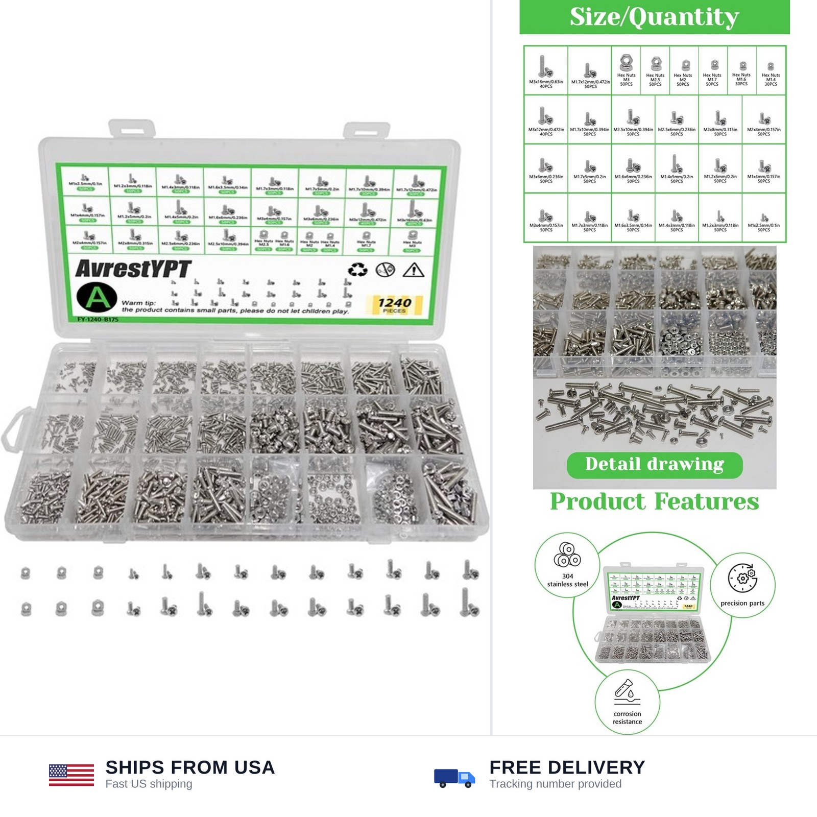 1240Pcs 304 Stainless Steel Metric Micro Screws Nuts Assortment, M1 M1.2 M1.4…