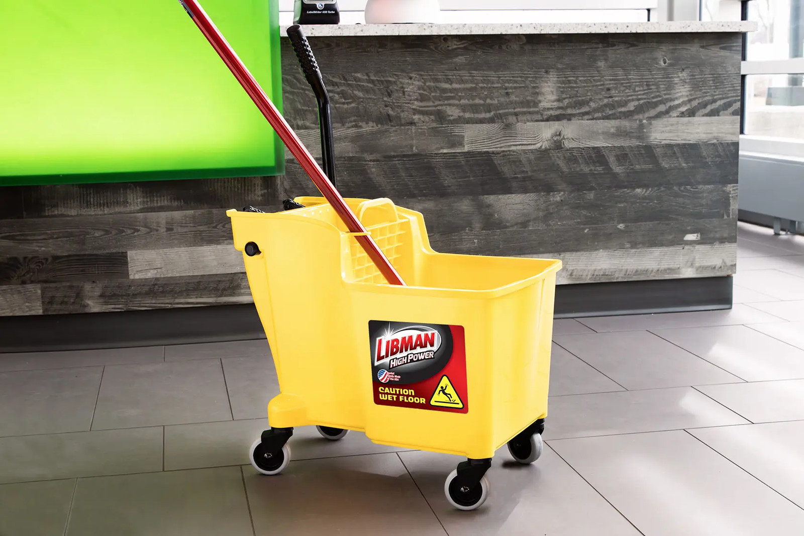 Libman Commercial 31 Quart Yellow Polyproylene Mop Bucket w/ Built-in Wringer