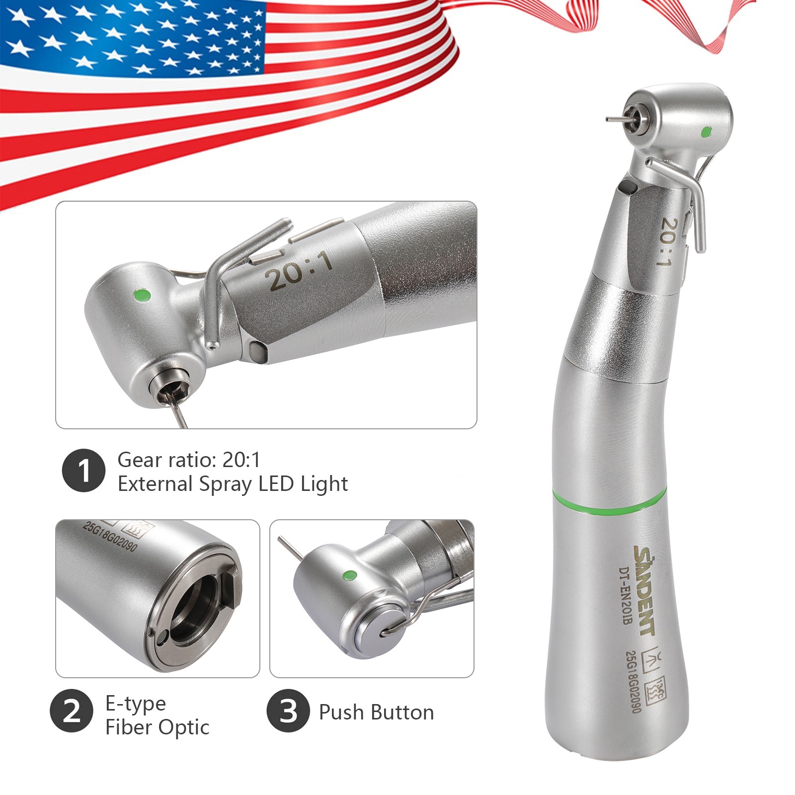 LED SANDENT 20:1 Contra Angle Fiber Optic Electric Handpiece External Spray