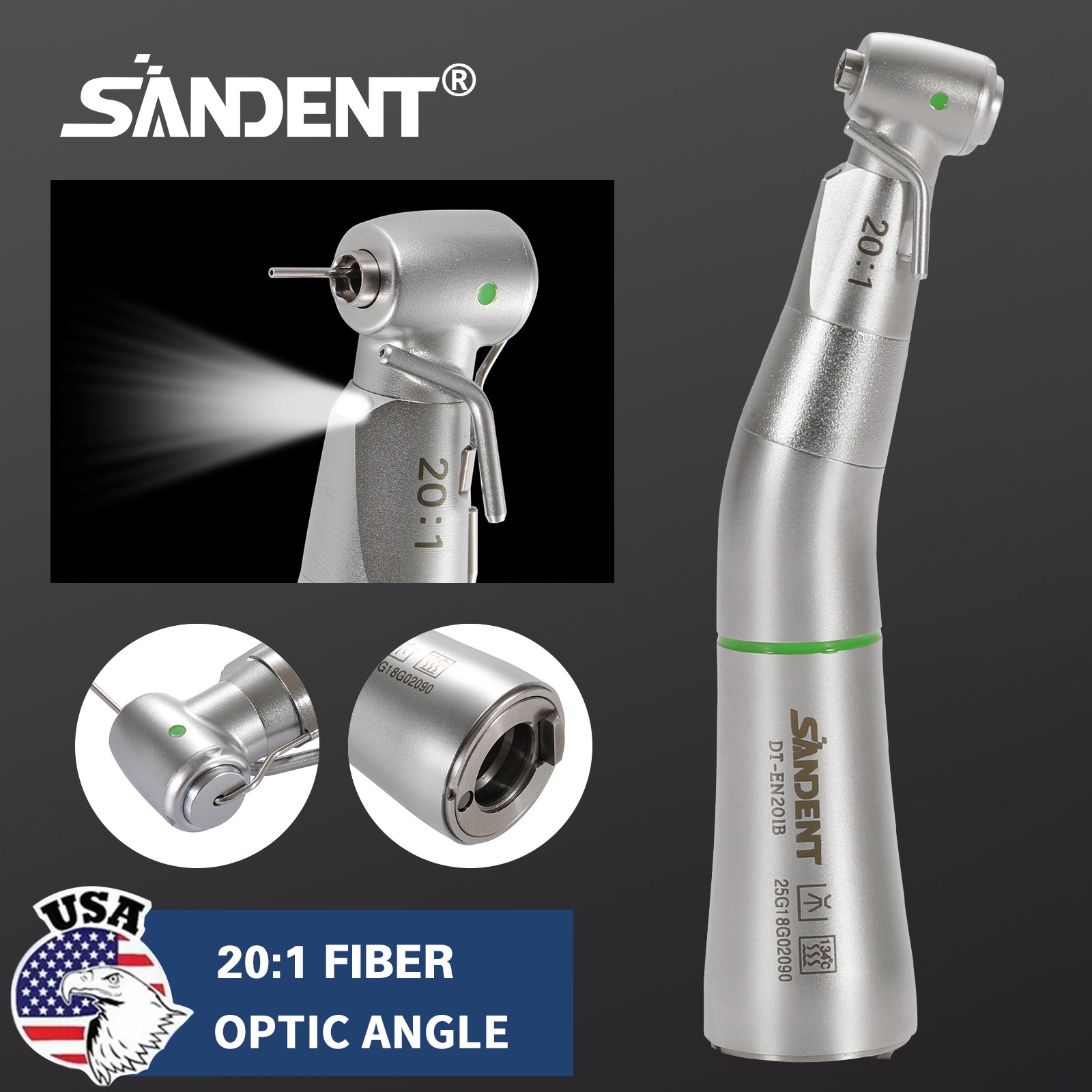 LED SANDENT 20:1 Contra Angle Fiber Optic Electric Handpiece External Spray