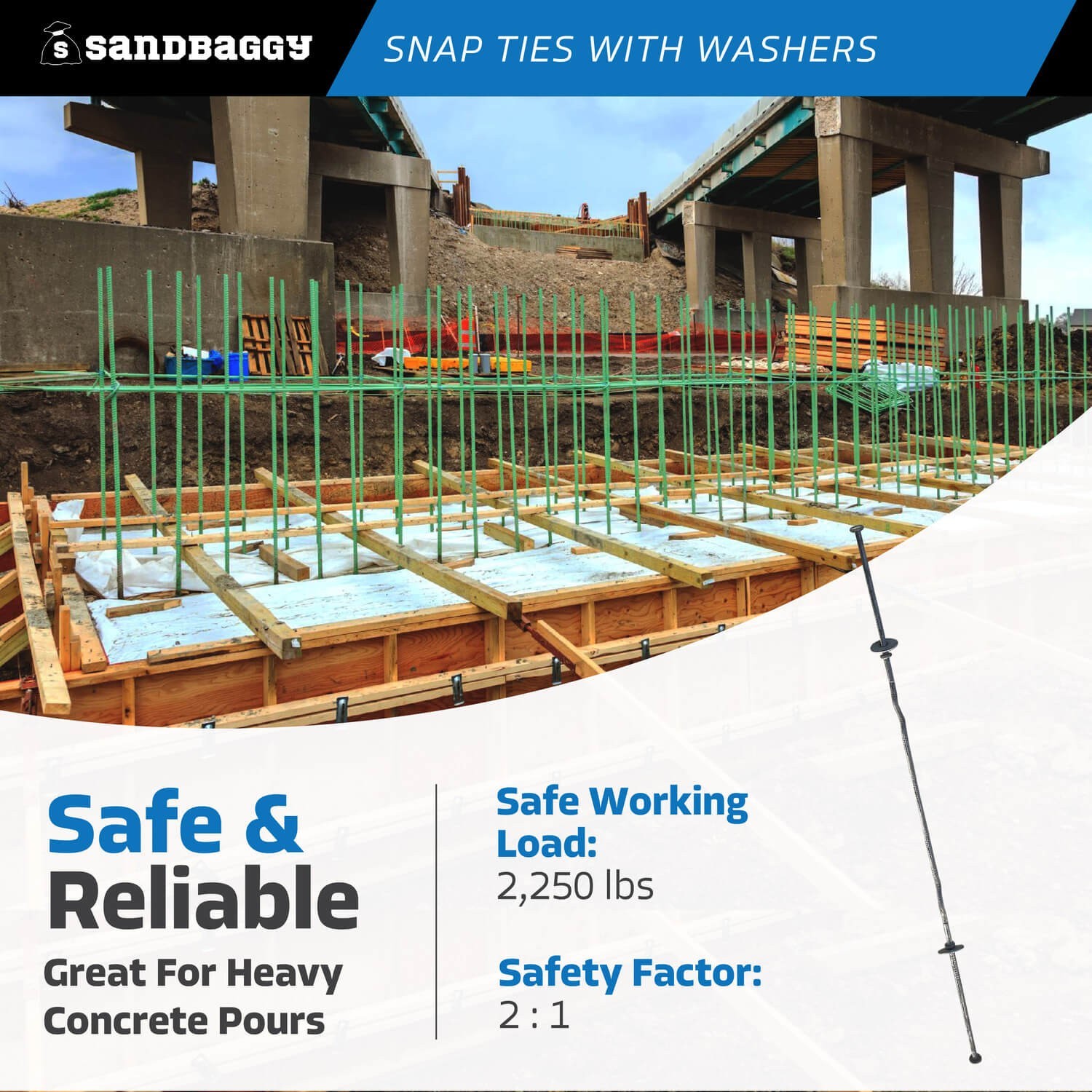 Sandbaggy 12″ x 4 ¾» Standard Snap Ties For Concrete Forms – 1″ Flat Washer