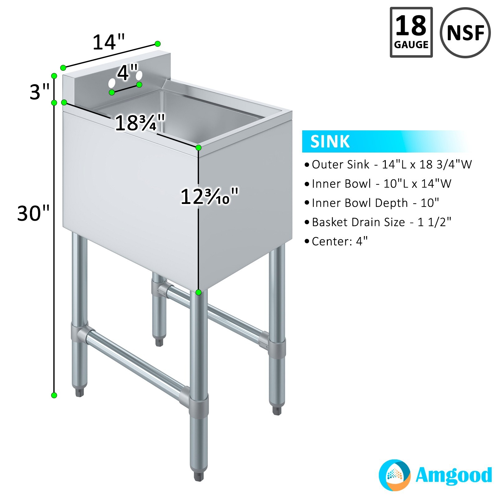 14 in. x 19 in. One Compartment Underbar Sink