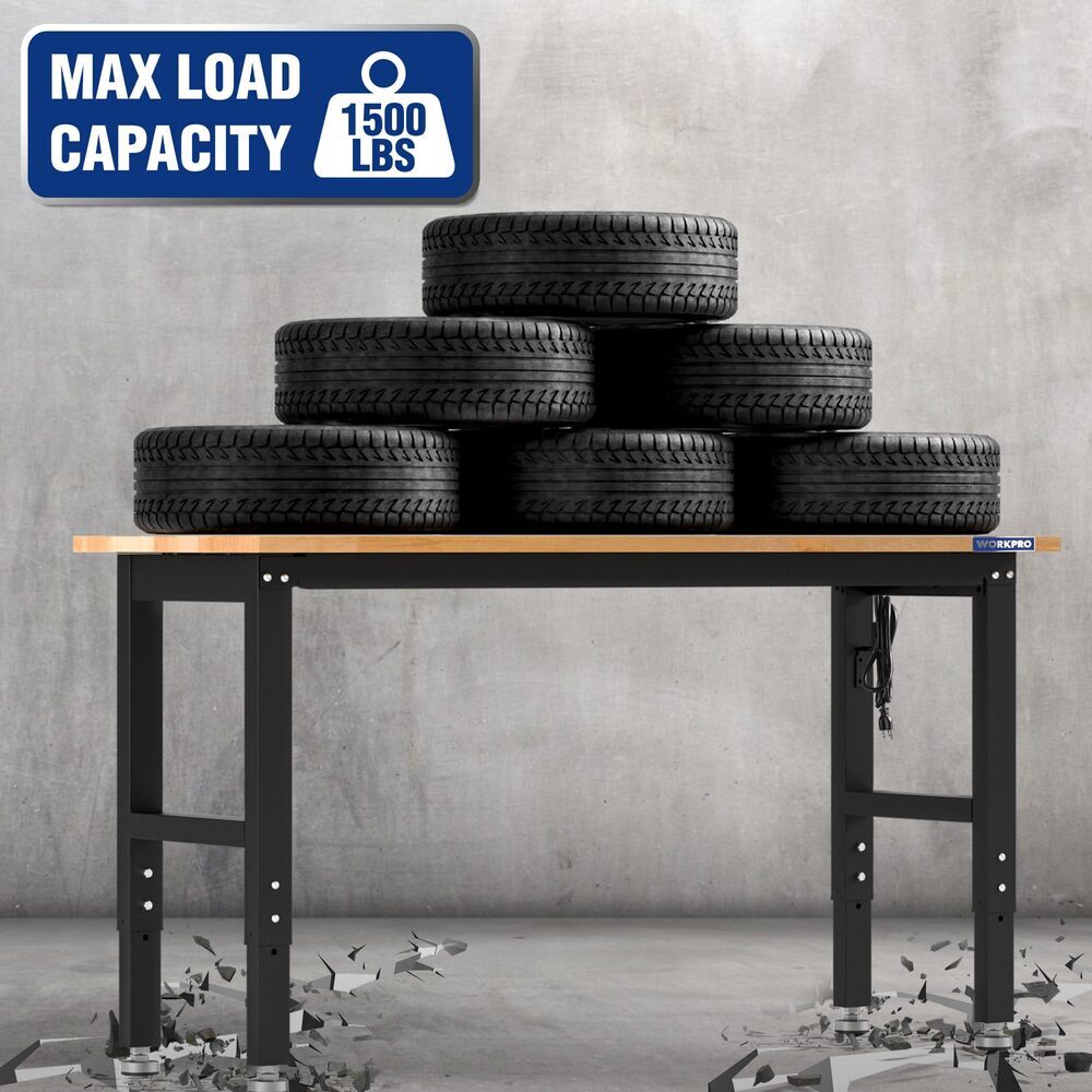 60″Adjustable Garage Workbench Rubber Wood Top 2PC 16×32 Metal Pegboard