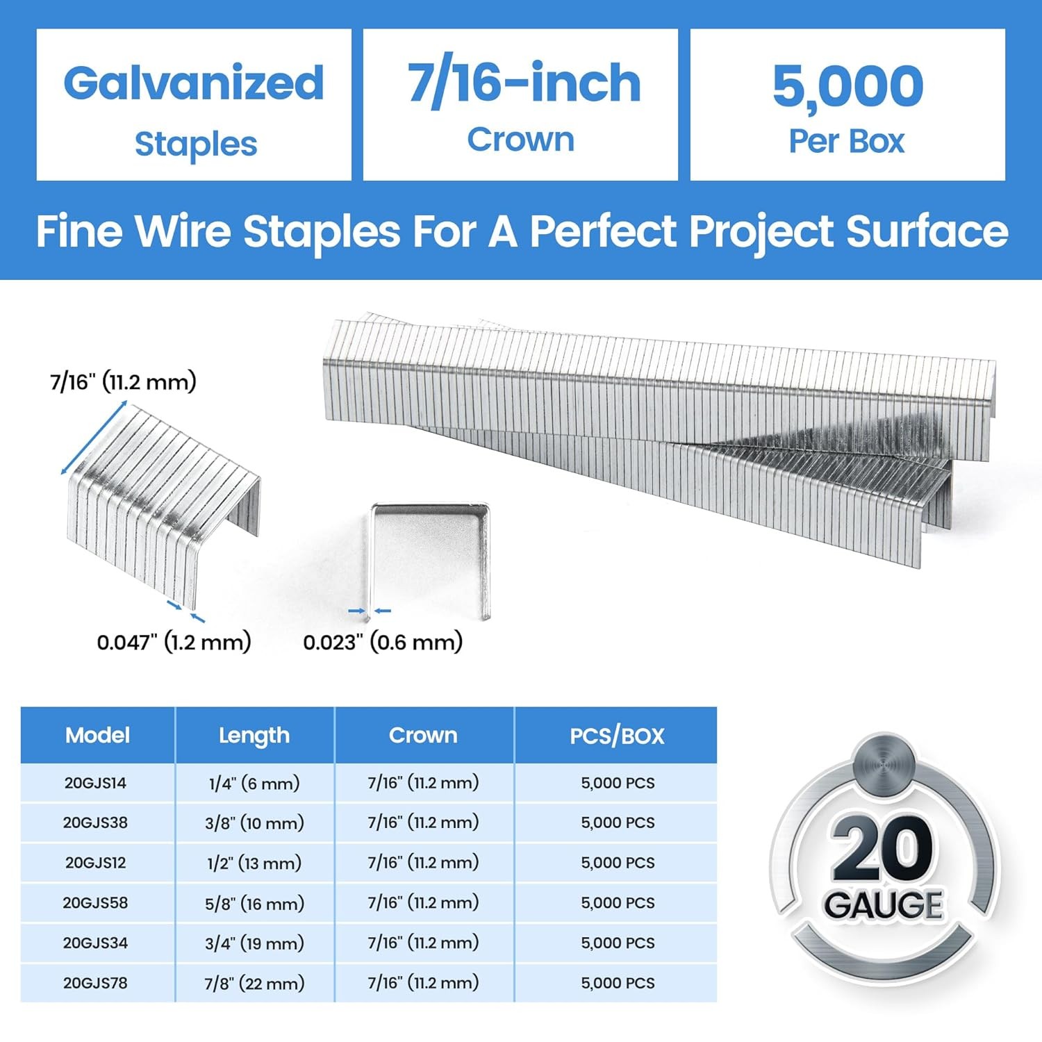 Meite 20 Gauge 7/16″ Crown From 1/4″ to 7/8″ Length Galvanized Upholstery Staple