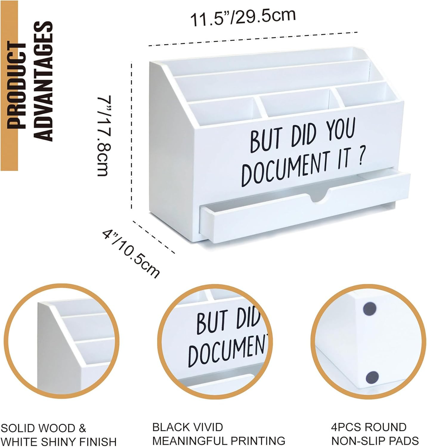 Wooden White Rustic Countertop Mail Storage Holder with Drawer and Compartments
