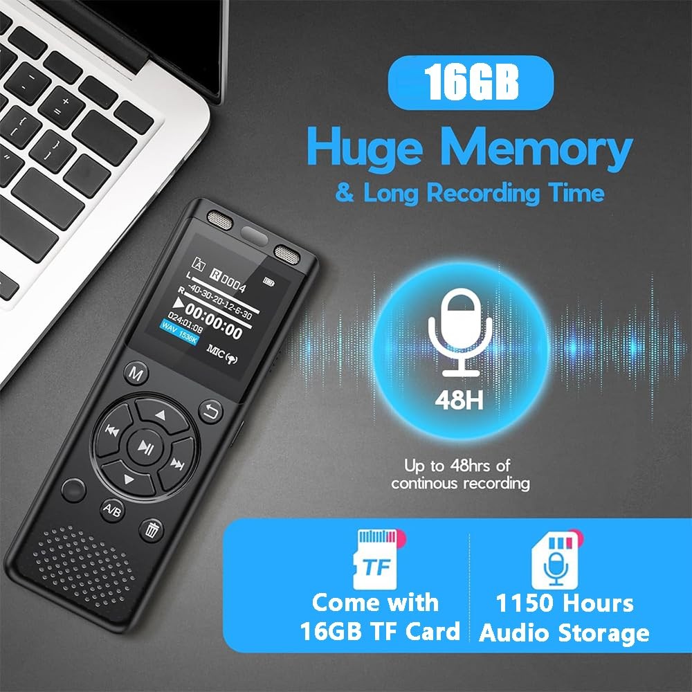 16GB Digital Voice Recorder With Playback Noise Reduction Voice Activated MP3