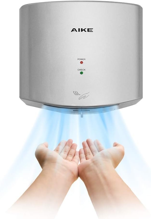 AIKE AK2630 Compact Hand Dryer 1400W – 110V Silver Air Wiper, 2-Pin Plug