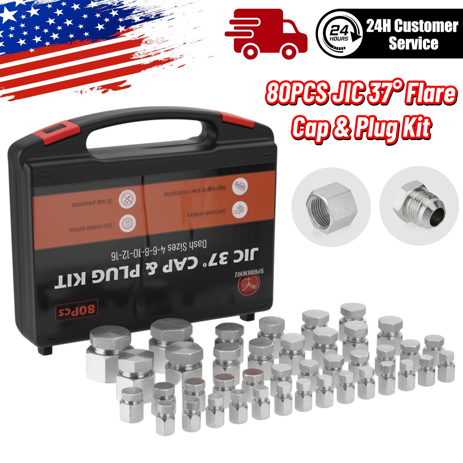 80pcs JIC 37° Flare Cap&Plug Hydraulic Hose Tube and Pipe Fitting kit Heavy Duty