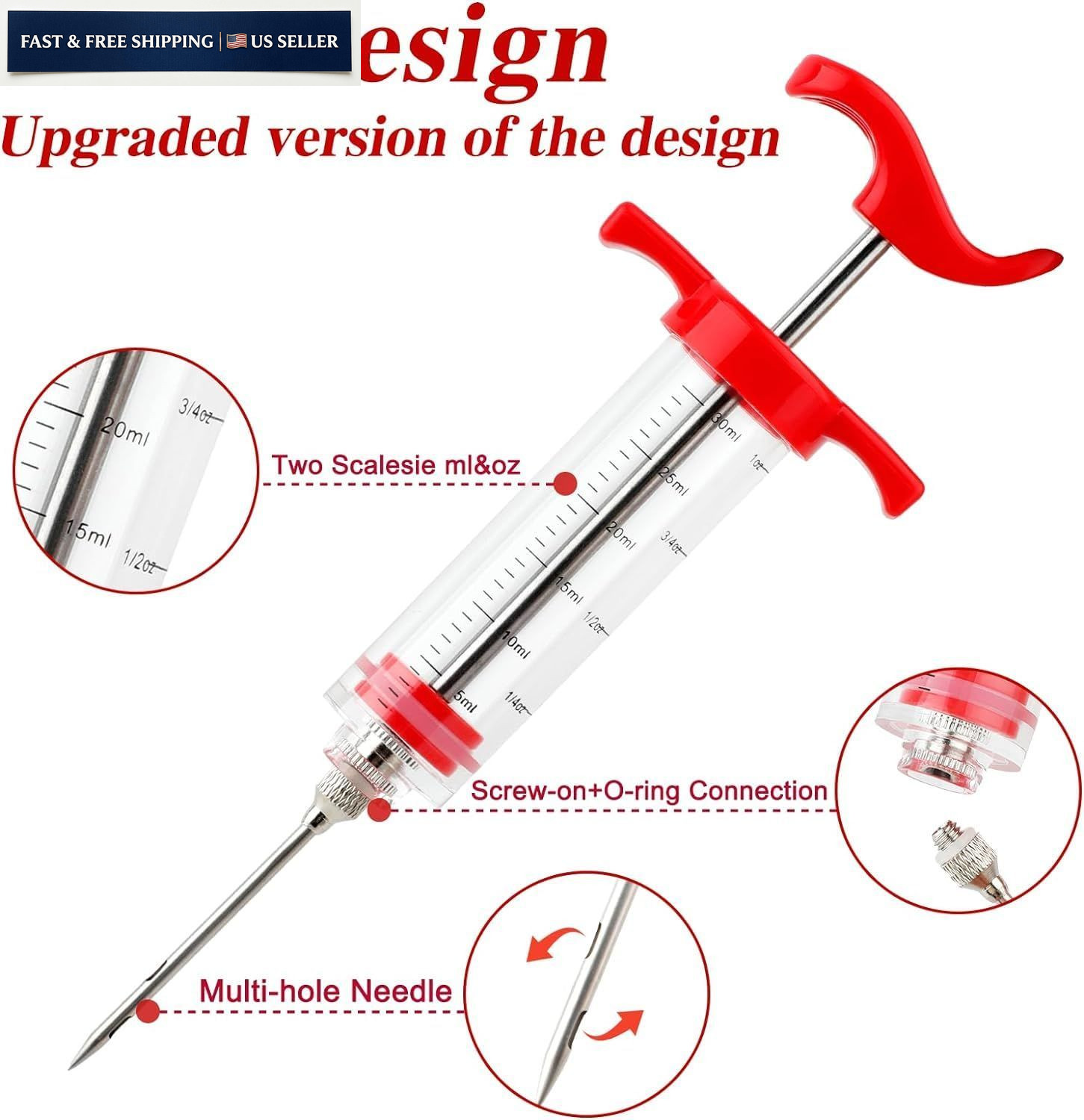Meat Injector Syringe, 1-oz Plastic Marinade Turkey 1OZ Large, Red