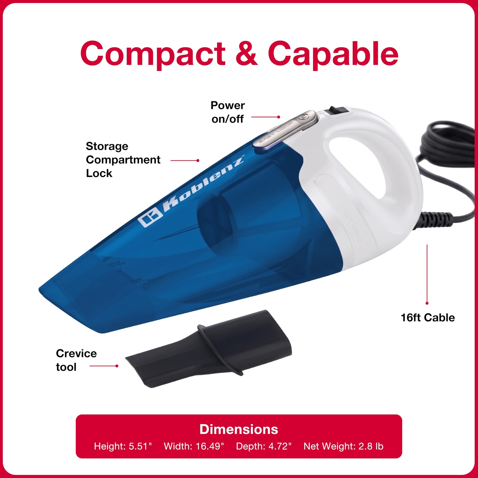 Koblenz Hv-120 Kg3 Corded Handheld Vacuum Cleaner 400W Motor 18 Ft Cord