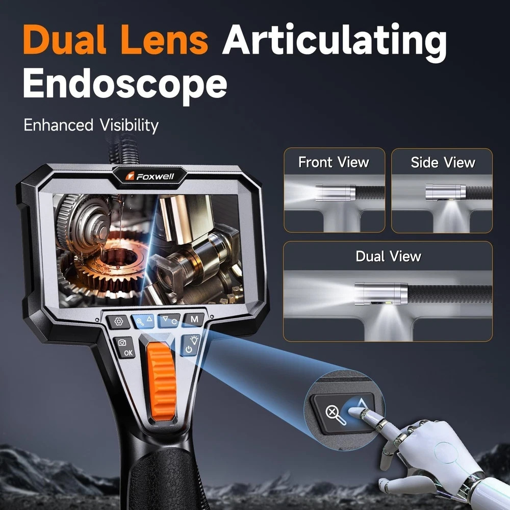 FOXWELL Elite Dual Lens 2-Way 220° Articulating Borescope, 0.25in Ultra-Slim …