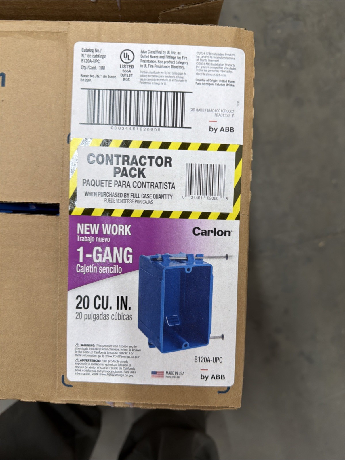 (QTY 100) Carlon 1-Gang Zip 20 Cu. In Non-Metallic Switch/Outlet Box B120A