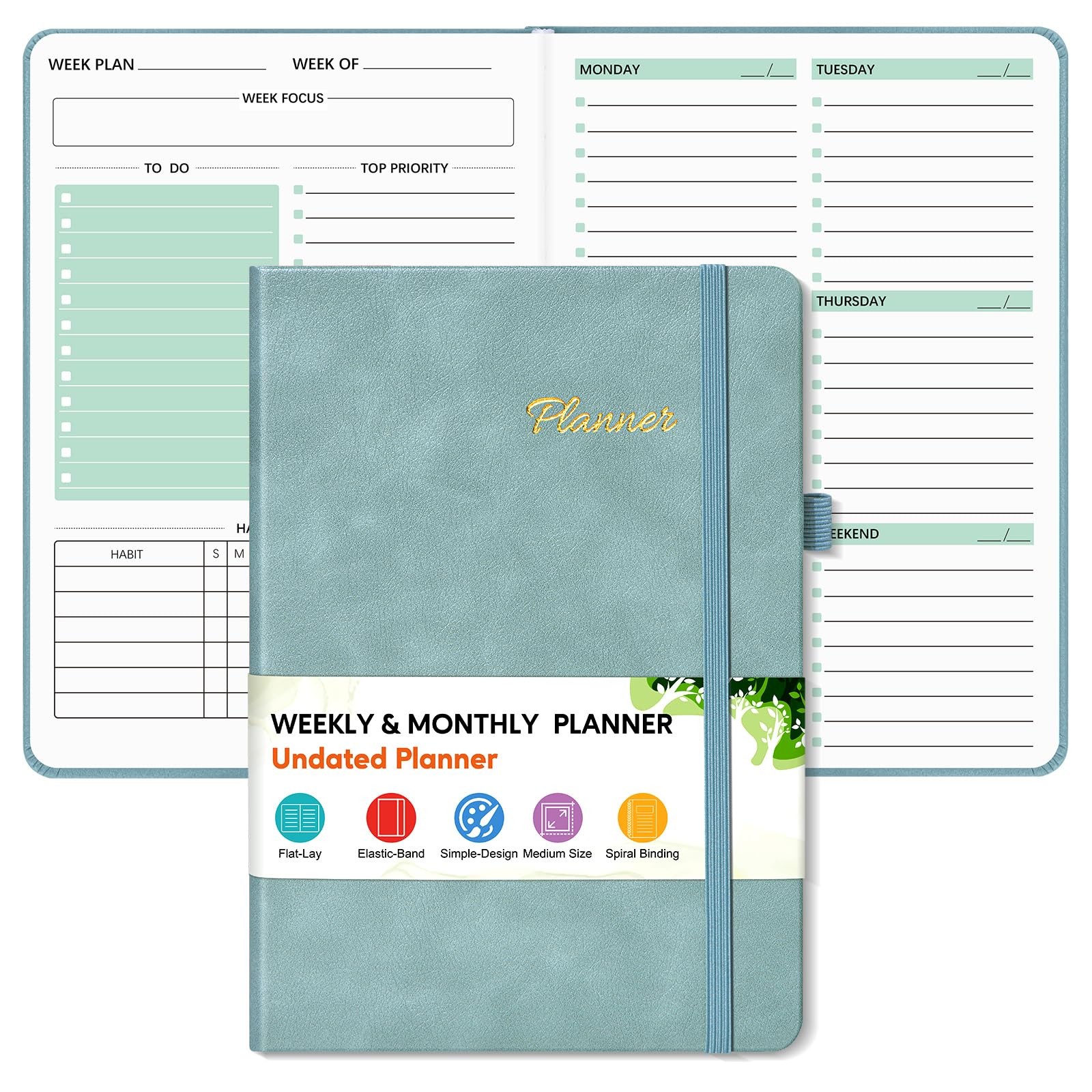 Undated Weekly and Monthly Planner, Hardcover Leather Calendar Blank Planner,…