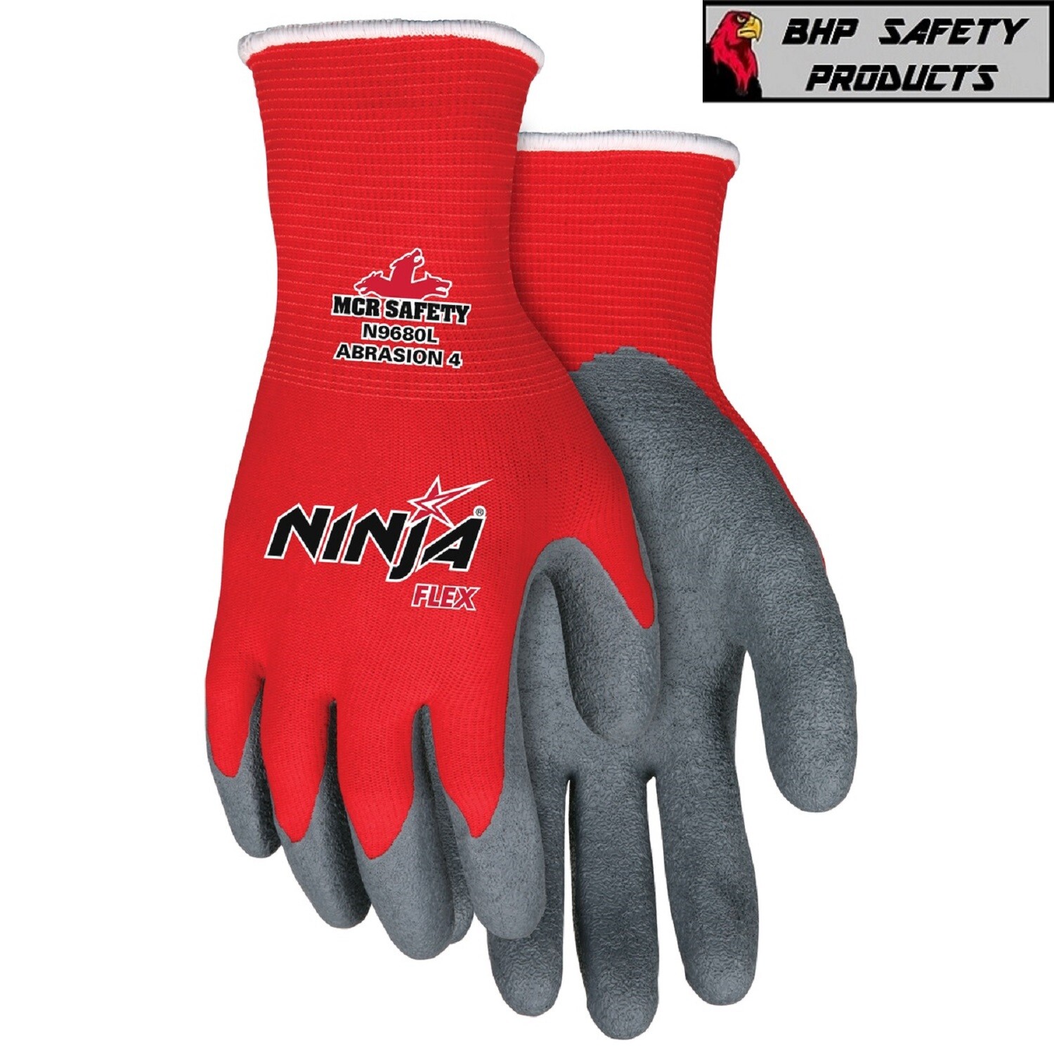 Ninja Flex N9680 Red Nylon Shell 15 Gauge Gray Latex Palm Coated Work Gloves